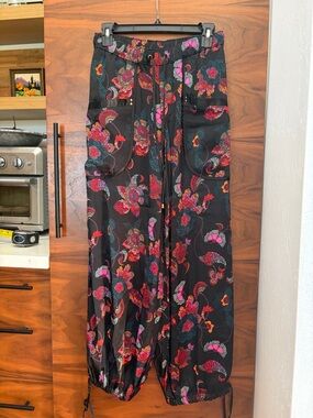 Black Floral Wide Leg Drawstring Pants